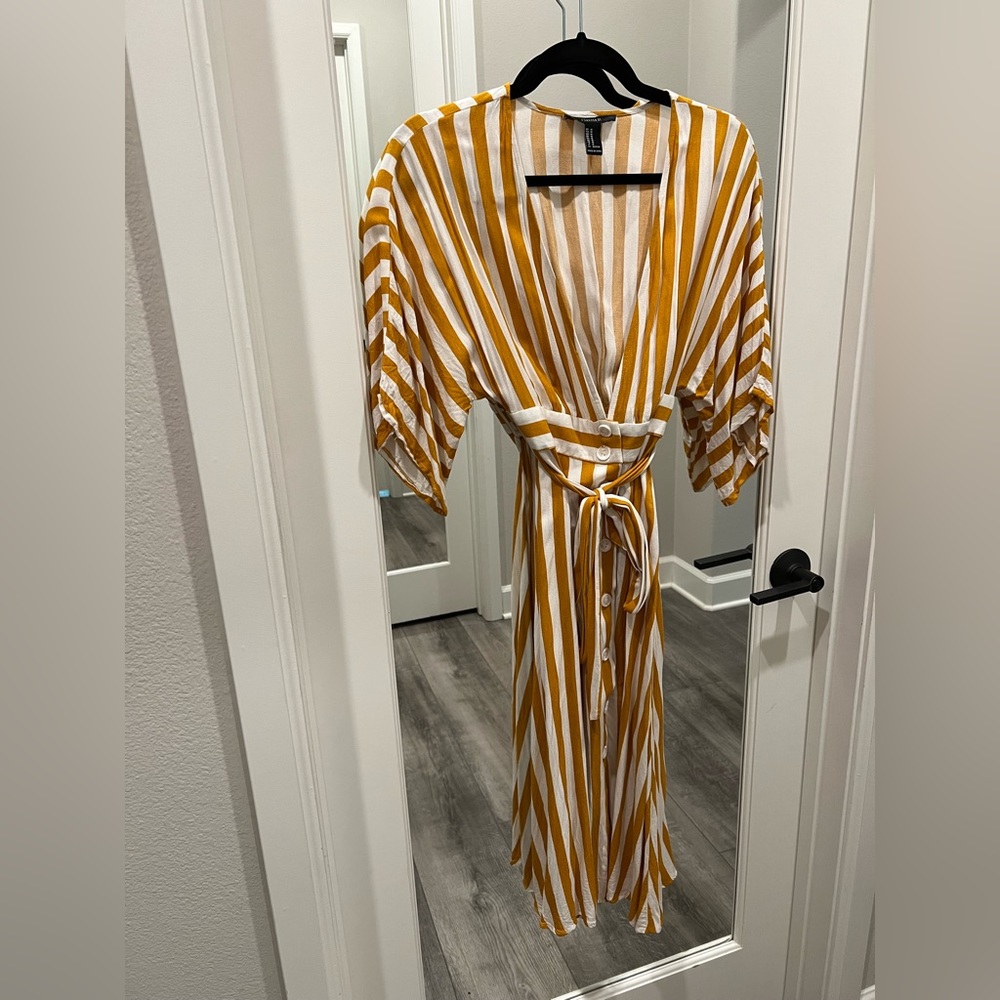 Yellow striped button up midi dress